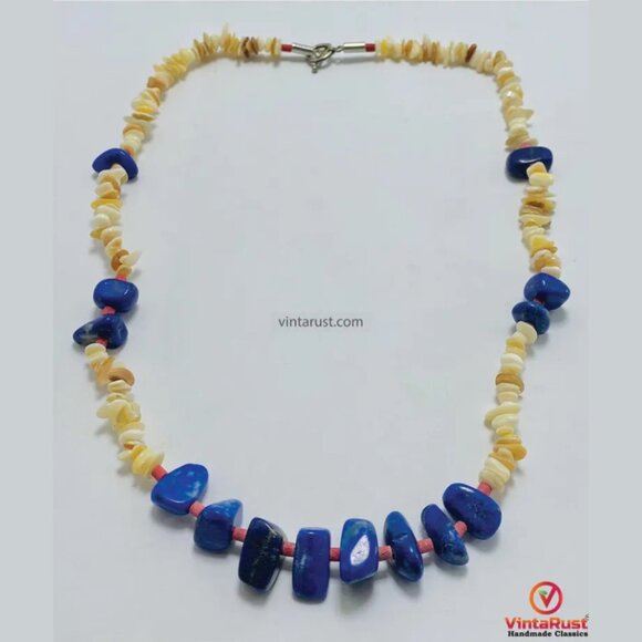 Lapis lazuli beaded necklace: handmade tribal jewelry with precious stones. - Picture 6 of 7